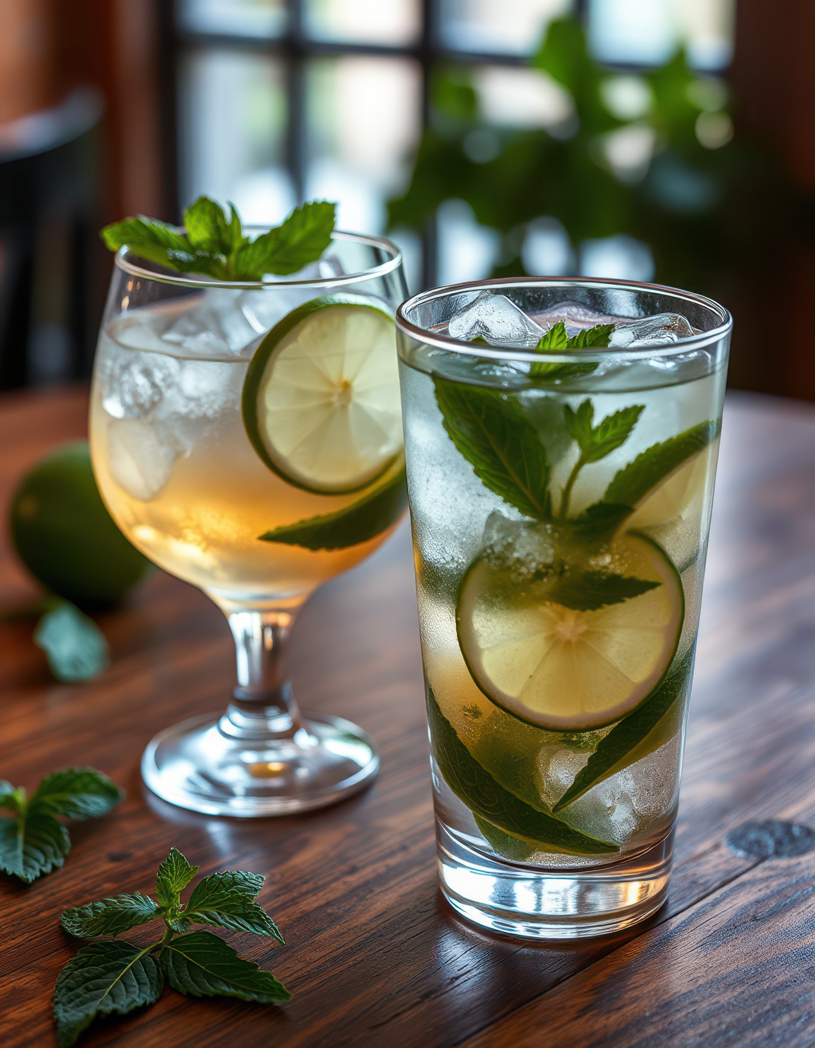 Refreshing beverages with mint and lime served in elegant glasses on a wooden table in a cozy setting